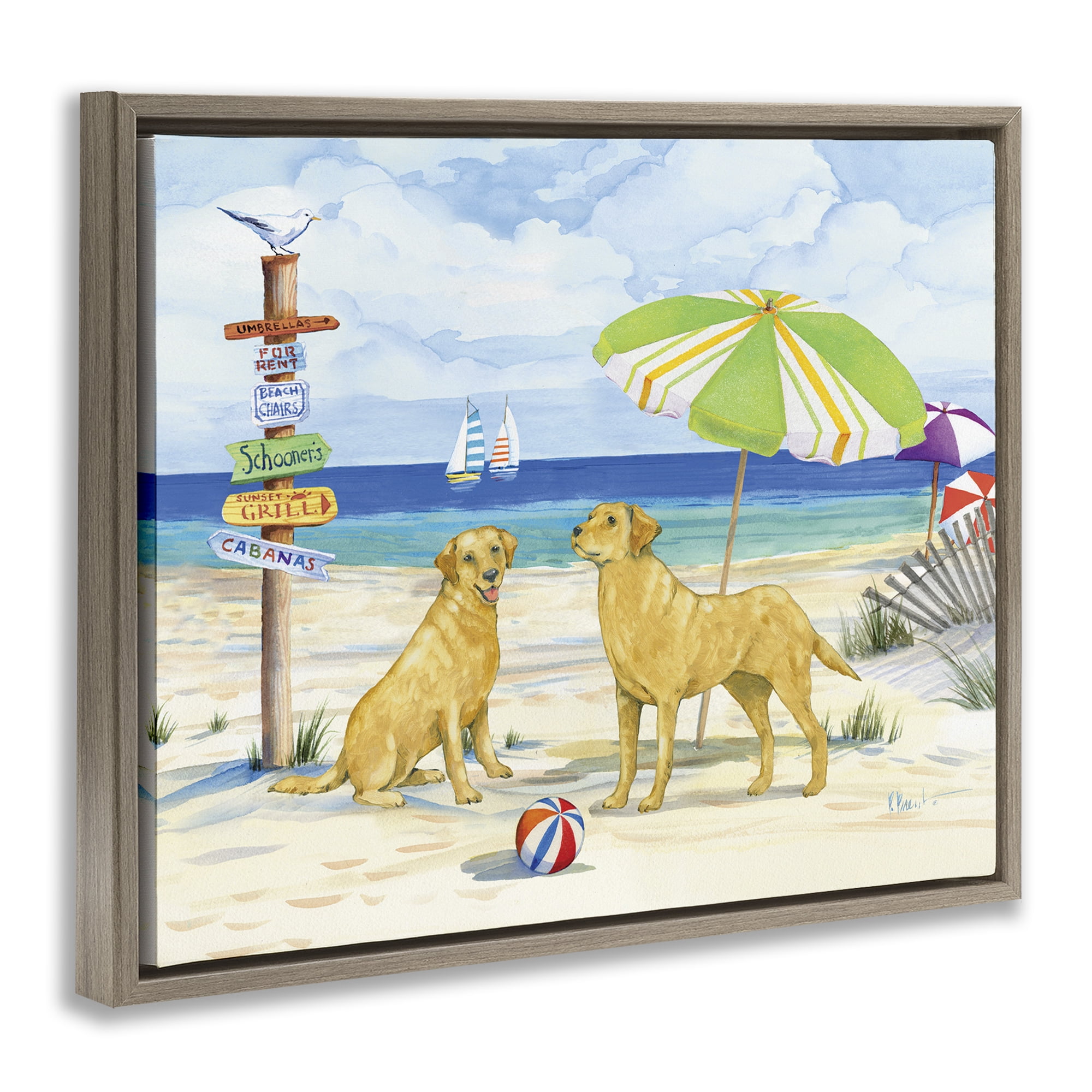 Stupell Industries Dog Beach Day Animals & Insects Painting Brown Floater Framed Canvas Art Print Wall Art, 21 x 17