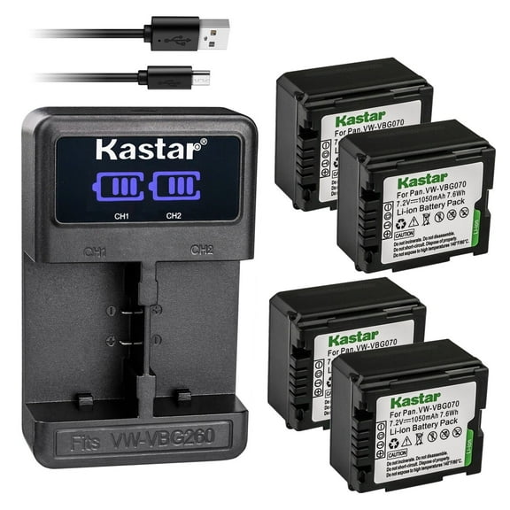 Kastar 4-Pack VW-VBG070 Battery and LED2 USB Charger Compatible with Panasonic VDR-D210 VDR-D220 VDR-D230 VDR-D310 VDR-D58GK Lumix DMC-L10 DMC-L10K DMC-L10KEB-K DMC-L10KEG-K AG-AC7 AG-AF100 Camera