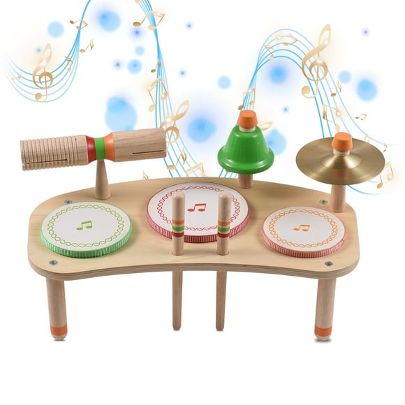 Drum Set 7-in-1 Desktop Drum Portable Detachable Drum Kits Percussion Instrument Natural Wood Smooth Burrless