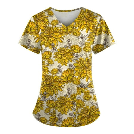 

TKing Fashion Women Plus Size Scrubs Top V-Neck Short Sleeve Striped Pockets Work Blouse for Women Beige M