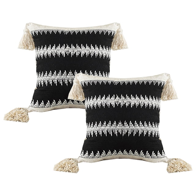 Fundas de almohada bohemias de 18 x 18 pulgadas, linda funda de almohada con borlas, funda de cojín neutra con acento de rayas, funda de almohada decorativa para sofá, cama, sofá, casa de campo,