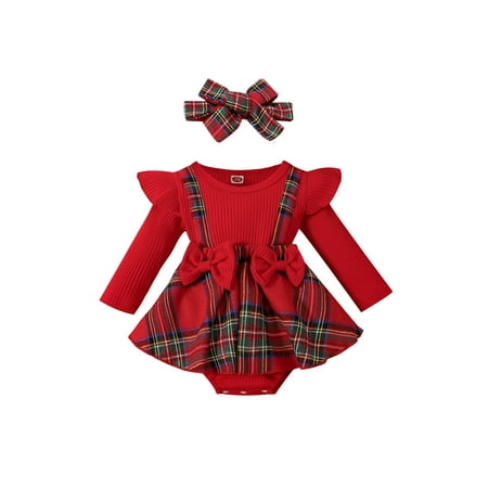 

xingqing 0-18M Christmas Newborn Baby Girls Romper Plaid Print Bow Long Sleeve Jumpsuits Dress Headband Xmas Outfits Red 6-12 Months