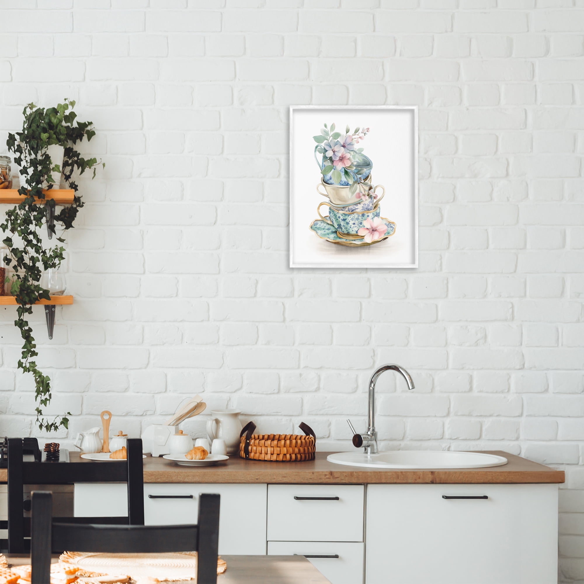 Stupell Industries Floral Teacup Chinoiserie White Framed Giclee Art, design by Kim Allen