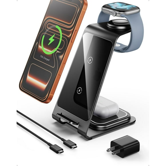 Intoval Aluminum 3-in-1 Wireless Charging Station for iPhone 17/17 Pro/17 Pro Max/16/16 Pro/16 Pro Max/15/14/13/12,for Apple Watch 11/Ultra