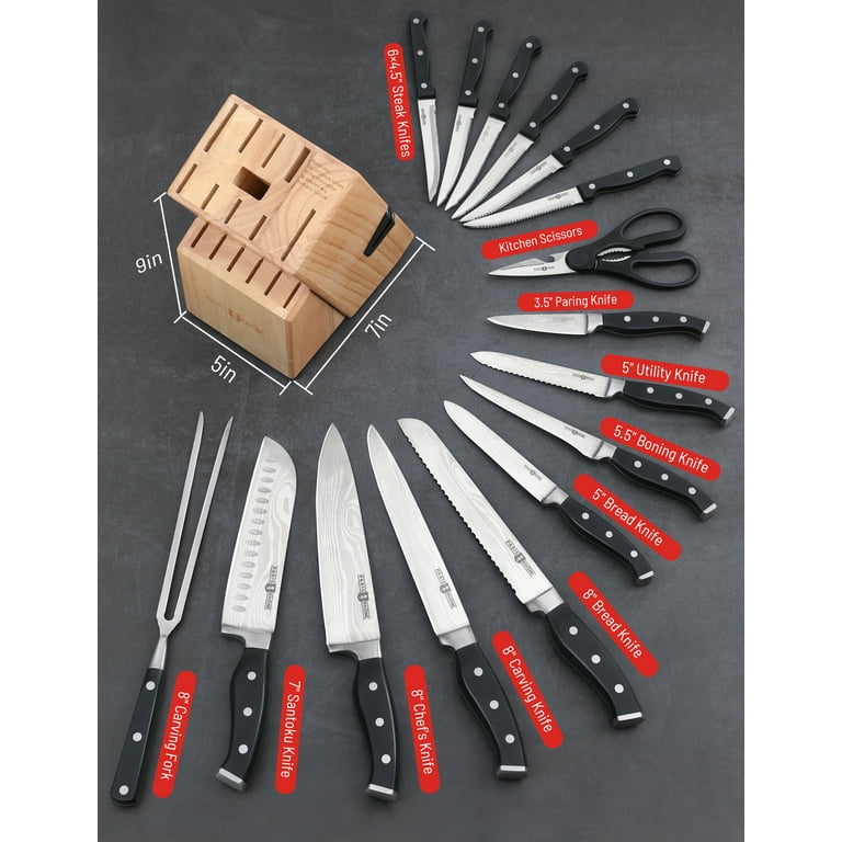McCook MC21B Black Knife Set, 15 PCS High Carbon One Piece Forged Stainless  Steel Kitchen Knife Set, Knife Set with Block and Built-in Sharpener ,6 Pcs  Steak Knives 