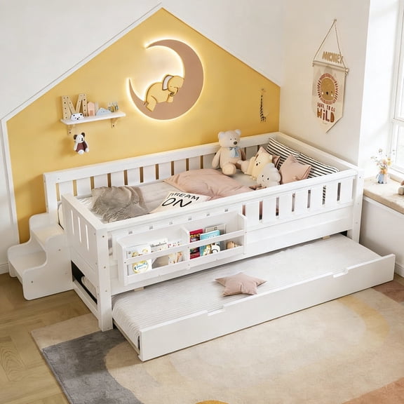 Bellemave Twin Bed with Trundle and Small Stairs, Twin Size Platform Bed Frame with Rail and Bookshelf, Wooden Montessori Floor Bed No Box Spring Needed, White