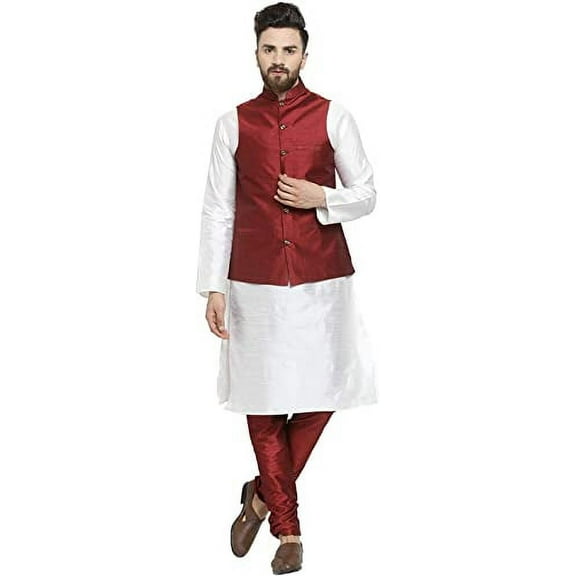 Royal Kurta Men's Silk Blend Kurta Pyjama & Nehru Jacket Set (42, White-Maroon-1)