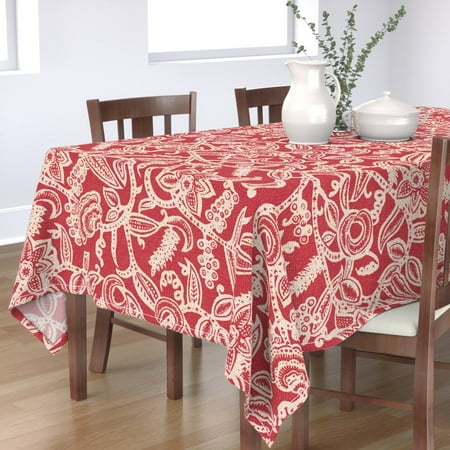 

Cotton Sateen Tablecloth 70 x 120 - Vintage Floral Lace Red Texture Traditional Leaves Cream Monochrome Brocade Branches Block Print Print Custom Table Linens by Spoonflower