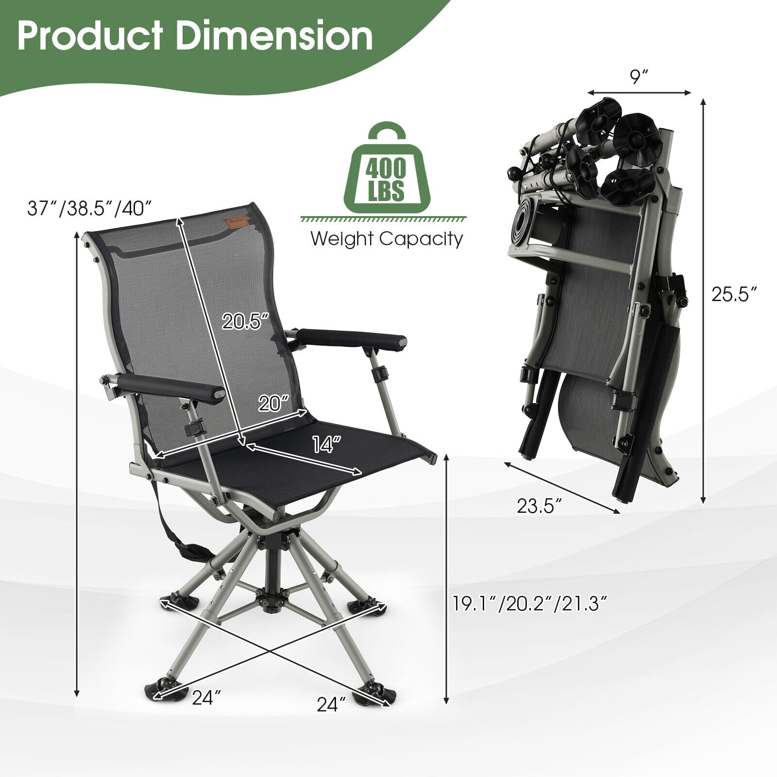 Amijoy 360 Degree Silent Swivel Hunting Chair, Folding Height Adjustable Hunter Chair w/All-terrain Feet Pads, Padded Armrests, Portable Blind Chair
