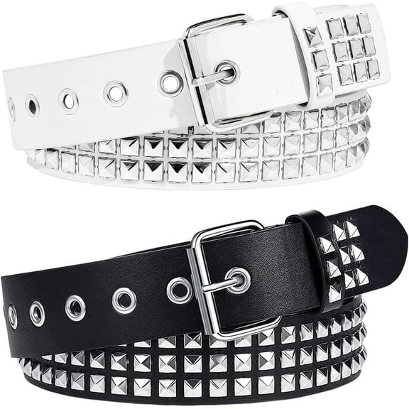 2 Pcs Black White Studded Belt Y2k Belt Punk Rock Belts with Grommet Threads Bright Metal Pyramid Gothic Belts for Women Men