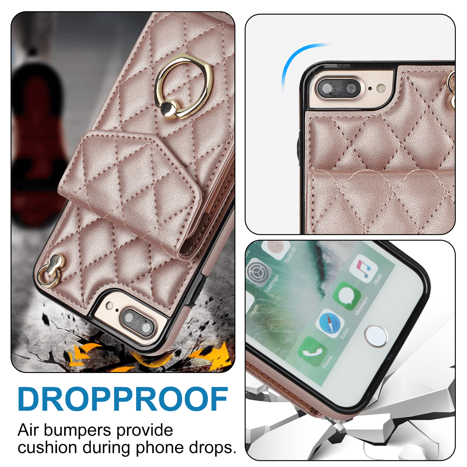 Asuwish Wallet RFID Blocking PU Leather Cell Phone Case with Tempered Glass Screen Protector, Wrist Strap for iPhone 7 Plus/8 Plus, Rose Gold