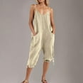 thumbnail image 6 of Womens Casual Linen Jumpsuit with Pocket Spaghetti Strap Capris Pants Rompers V Neck Lace-Up Loose Fit Summer Outfits, Beige, XL, 6 of 6