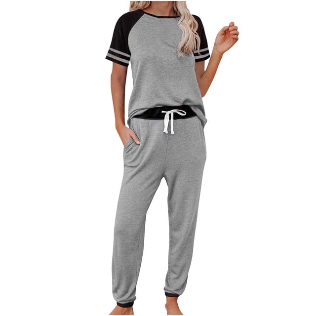 Traje de dos piezas deportivo informal de manga corta con rayas en contraste suelto a la moda para mujer Wmkox8yi bvn2721