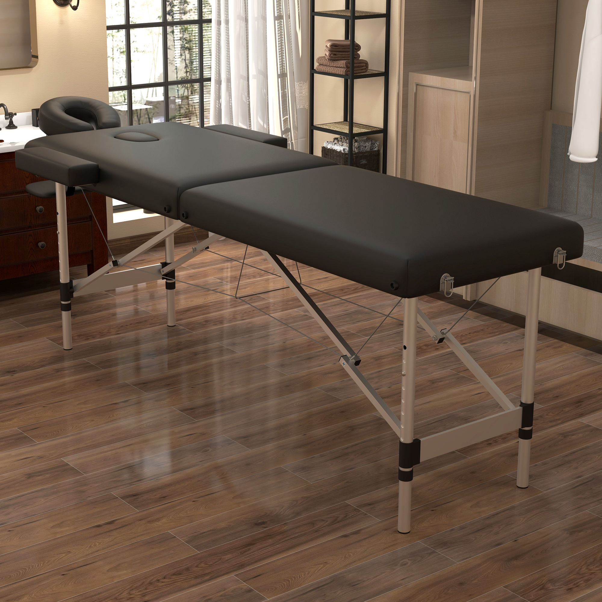 Westice Portable 2-Section Foldable Massage Table with Adjustable Height, Face Cradle, Aluminum Frame, Ideal for Spa, Tattoo, Lash & Facial Services, Black