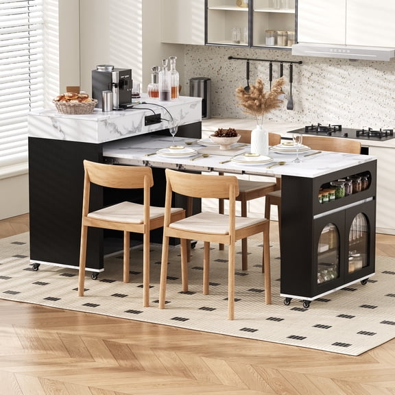 Euroco 73.8" Kitchen Island with Extendable Dining Table for 4, Rolling Mobile Center Islands with Storage, Charging Station, Drawers,Open Shelves & Brake lock,Kitchen Islands Cart for Dining Room