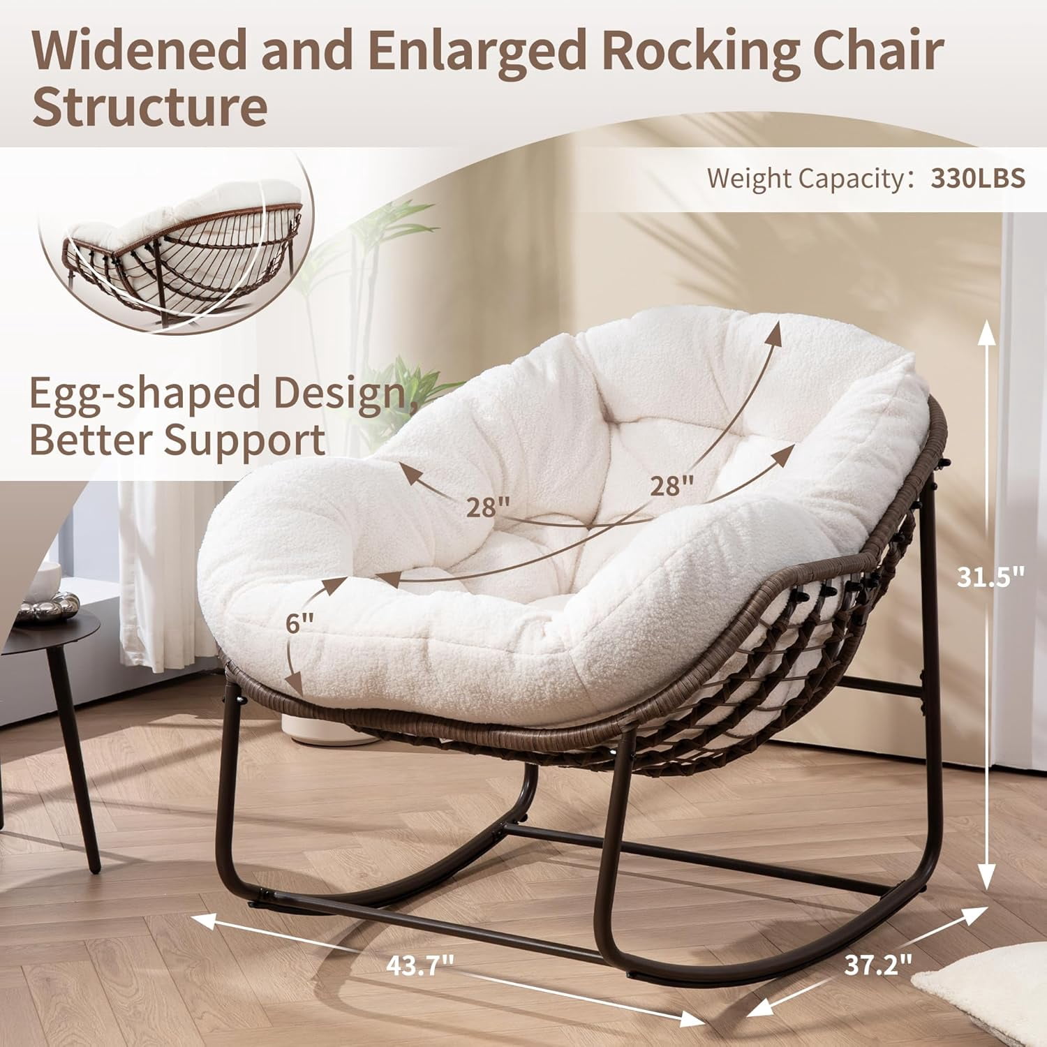 MOONMISS Outdoor Patio Rattan Oversized Rocking Chairs Set of 2 with Teddy Padded Cushion-White