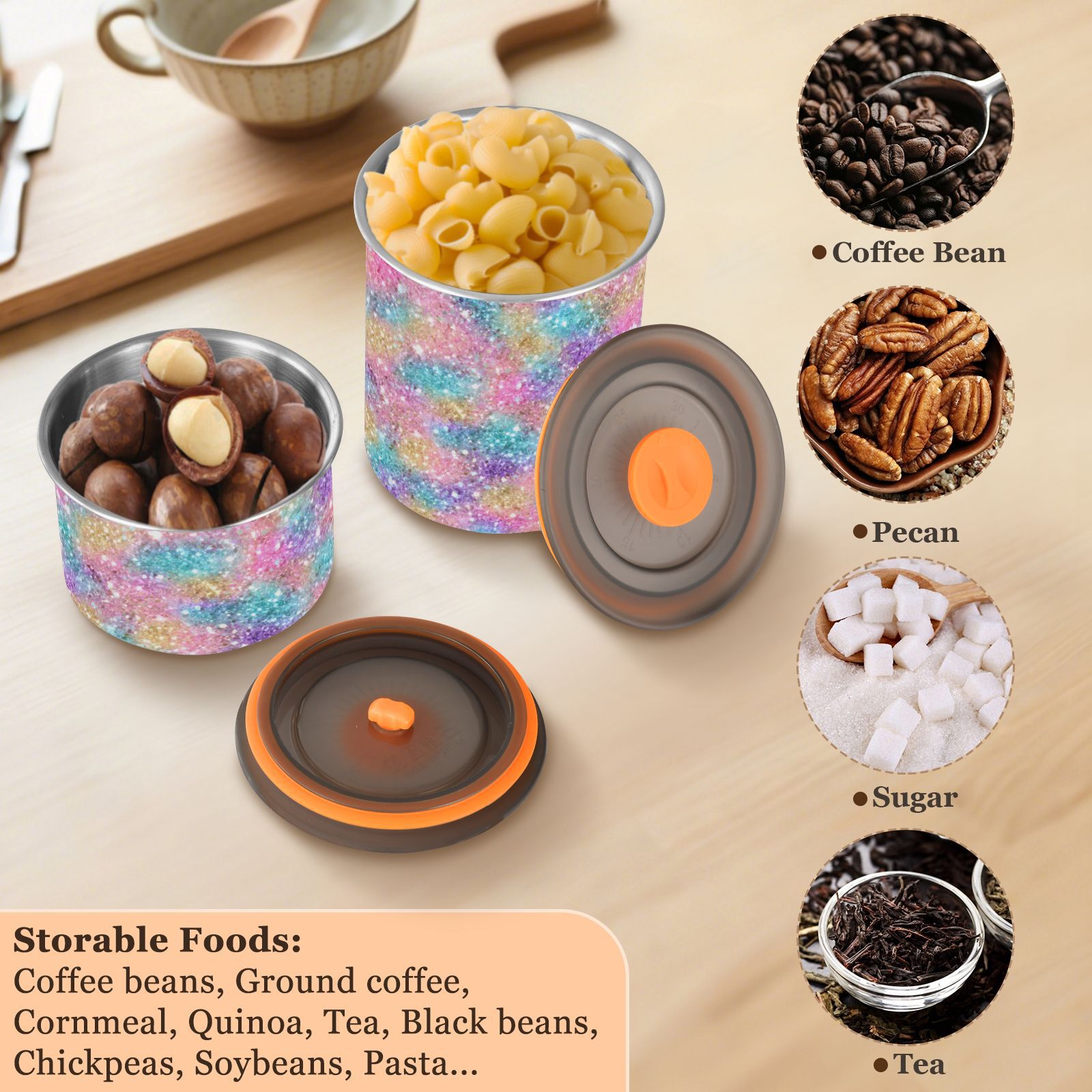 Colorful Glitter Sequins Airtight Coffee Bean Canister 30oz Food Storage Containers with Lids For Gournd, Tea, Sugar, Flour, Rice, Cereal, Candy Cookie Jar