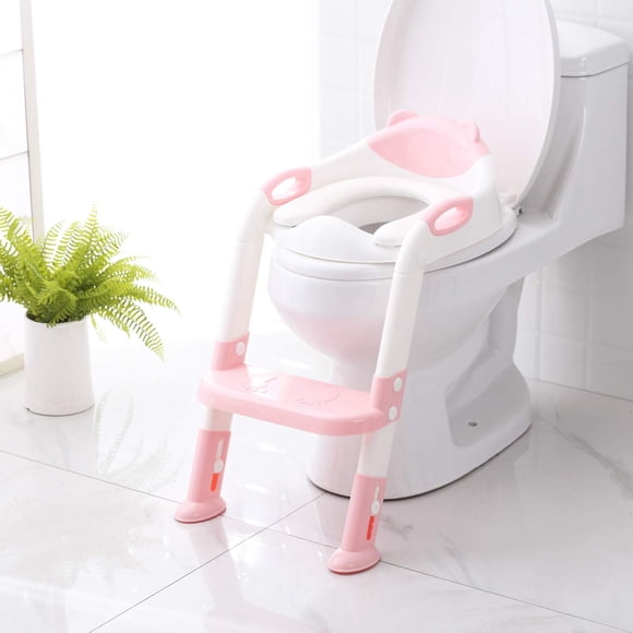 Asiento para ir al baño SKYROKU con taburete y escalera, color rosa