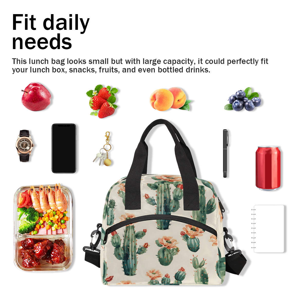 Herdesigns Cactus Insulated Lunch Bag for Women Men Adults Large Reusable Lunch Box Tropical Plant Succulent Cacti Leakproof Cooler Tote Bags with Adjustable Shoulder Strap
