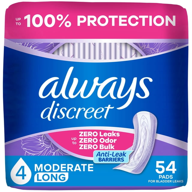 Always Discreet Adult Incontinence Pads for Women, Moderate Absorbency, Long Length, Postpartum Pads, 54 Count