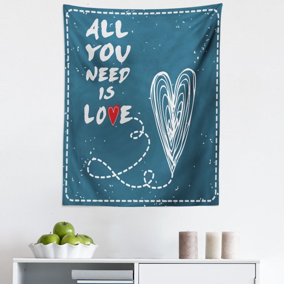 All You Need is Love Tapestry, Dashed Lines Sketch Drawing Heart Affection Love Lettering, Fabric Wall Hanging Decor for Bedroom Living Room Dorm, 5 Sizes, Dark Sky Blue White, by Ambesonne