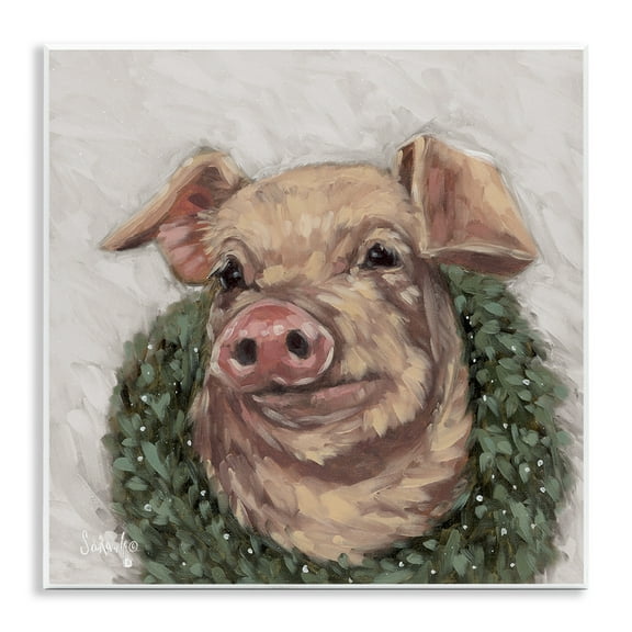 Stupell Industries Pig with Holiday Wreath Holiday Painting Unframed Art Prints Wall Art, 12 x 12