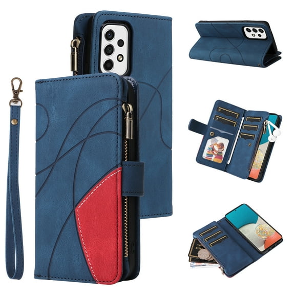Dteck Case for Samsung Galaxy A53 5G, Magnetic Wallet 9 Card Slots Premium Leather Zipper Wallet Purse Case Flip Kickstand with Wrist Strap Credit Cash Cover for Galaxy A53 5G,Blue