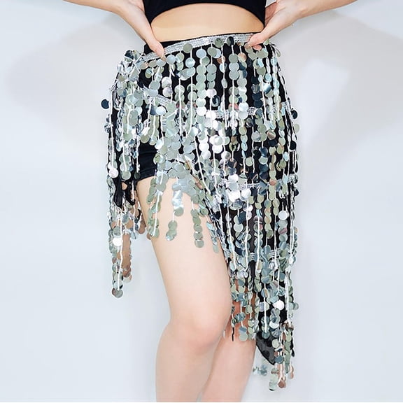 BLTIBY Sparkly Sequin Skirt for Women Fringe Hip Scarf Tassel Belly Dance Skirts Party Rave Festival Outfits Costumes White 2 Free Size