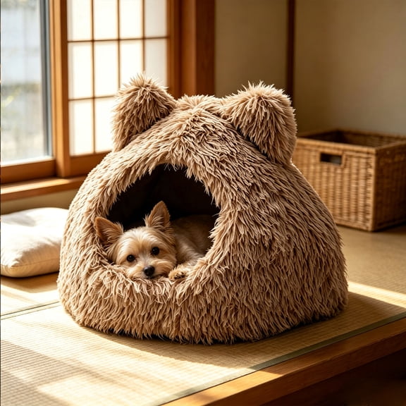 Xlokein Cat Ears Shaped Plush Cat Dog Cave Bed, 17.7 Inch Enclosed Round Pet Bed with Removable Inner Pad, Warm Snuggle Nest for Cats and Small Dogs
