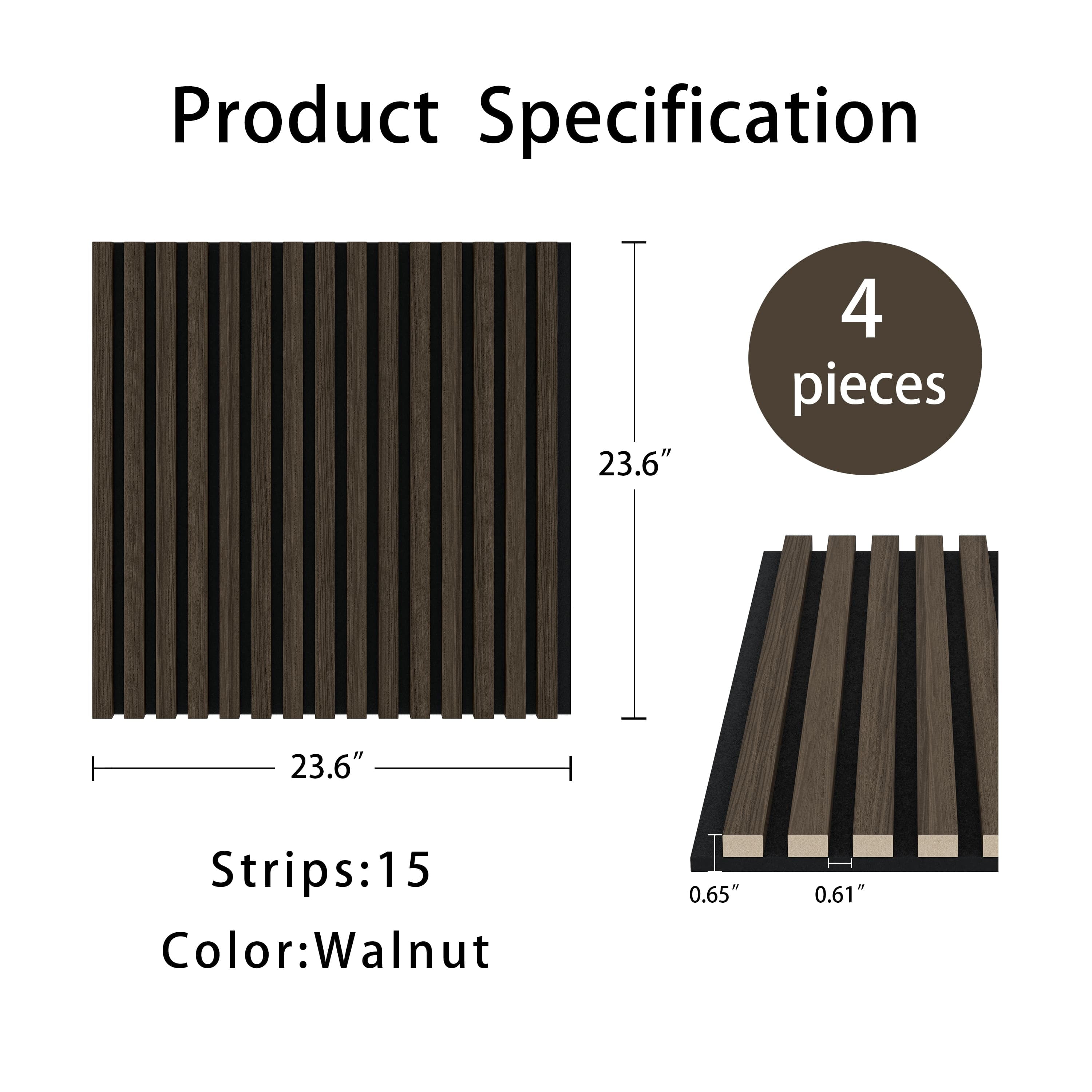 24"x24" Acoustic Slat Wood Wall Panel 3D Slatted Wall Panels 4Pcs,Walnut