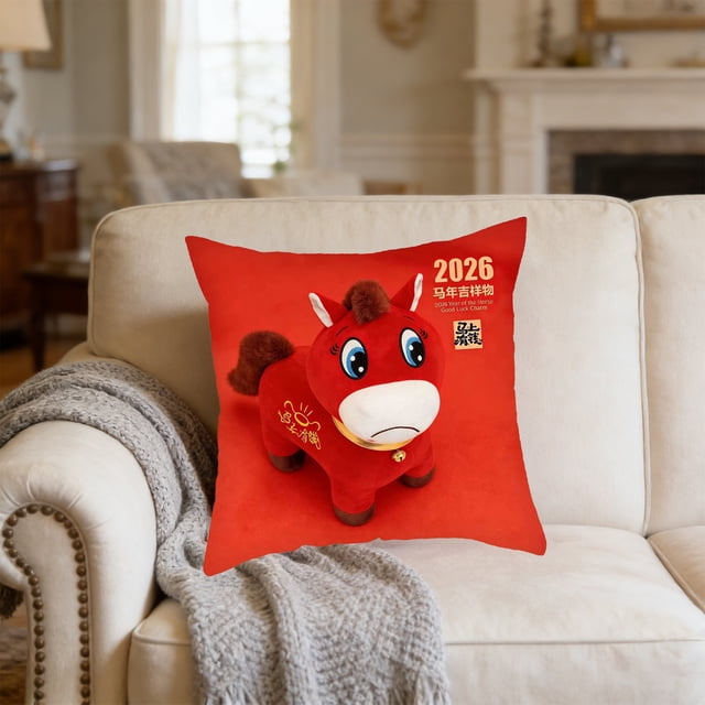 Uuiauoio Horse Zodiac Pillow Cover Flocked Plush Cute Animal Design Throw Pillow Case for Sofa Bed Living Room Home Decor Year of the Horse Theme
