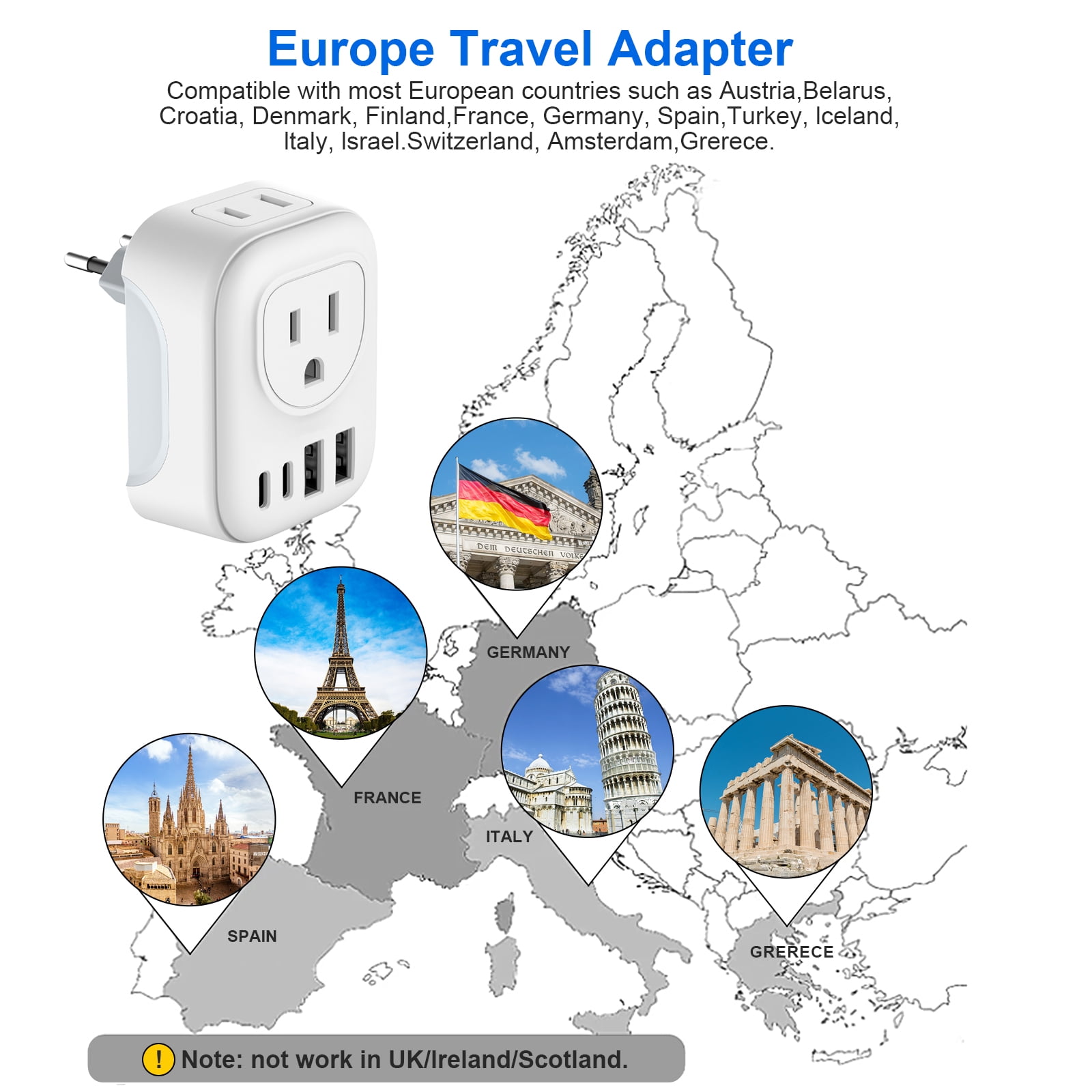 European Travel Plug Adapter, Meromore International Plug Adapter with 2 AC Outlets 4 USB Ports(2 USB C), Type C Plug Adapter Travel Essentials for US to Most Europe France Germany Italy Spain