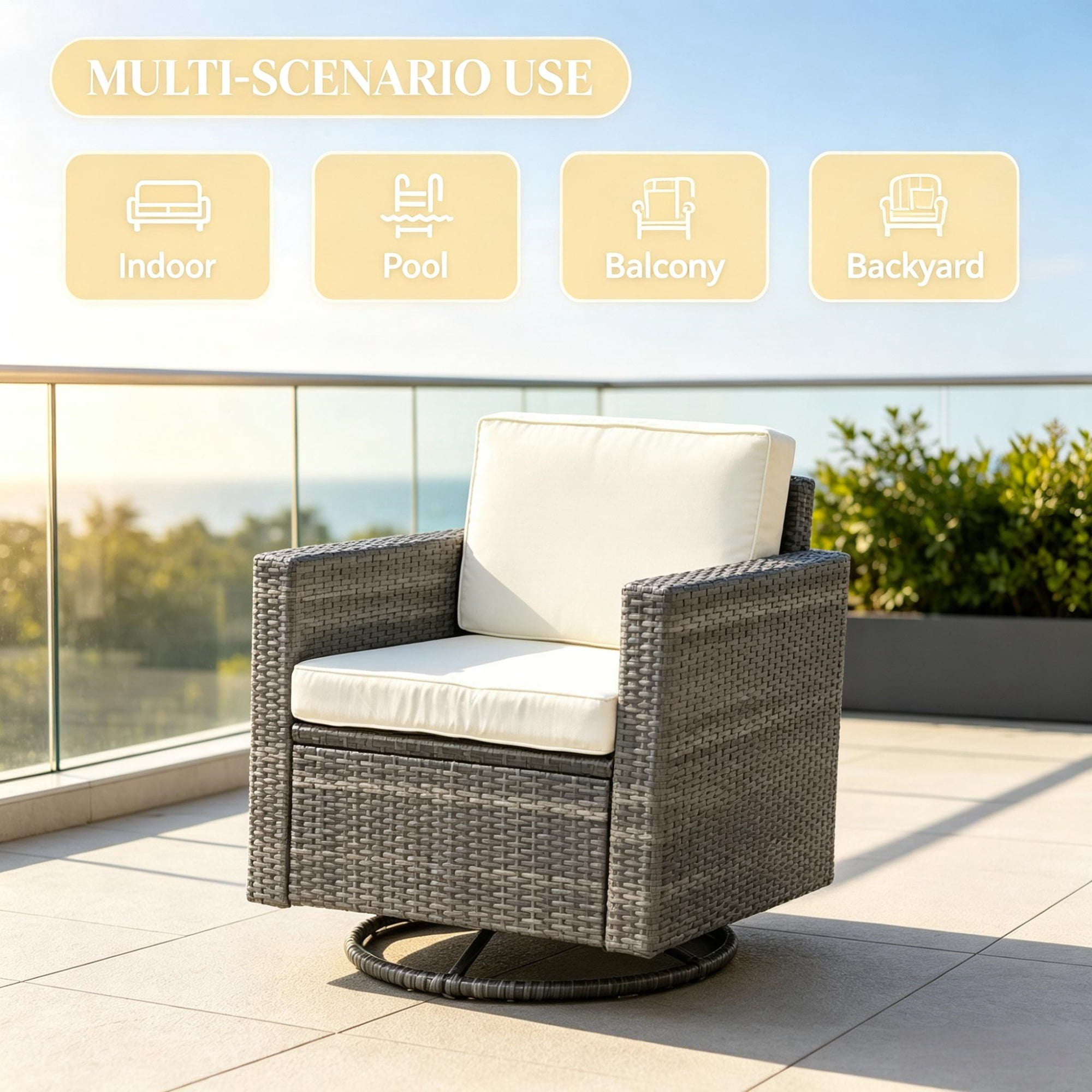 Outdoor Swivel Rocker, 360° Patio Glider Chair for Porch, Backyard, Deck, Cream White PE Wicker