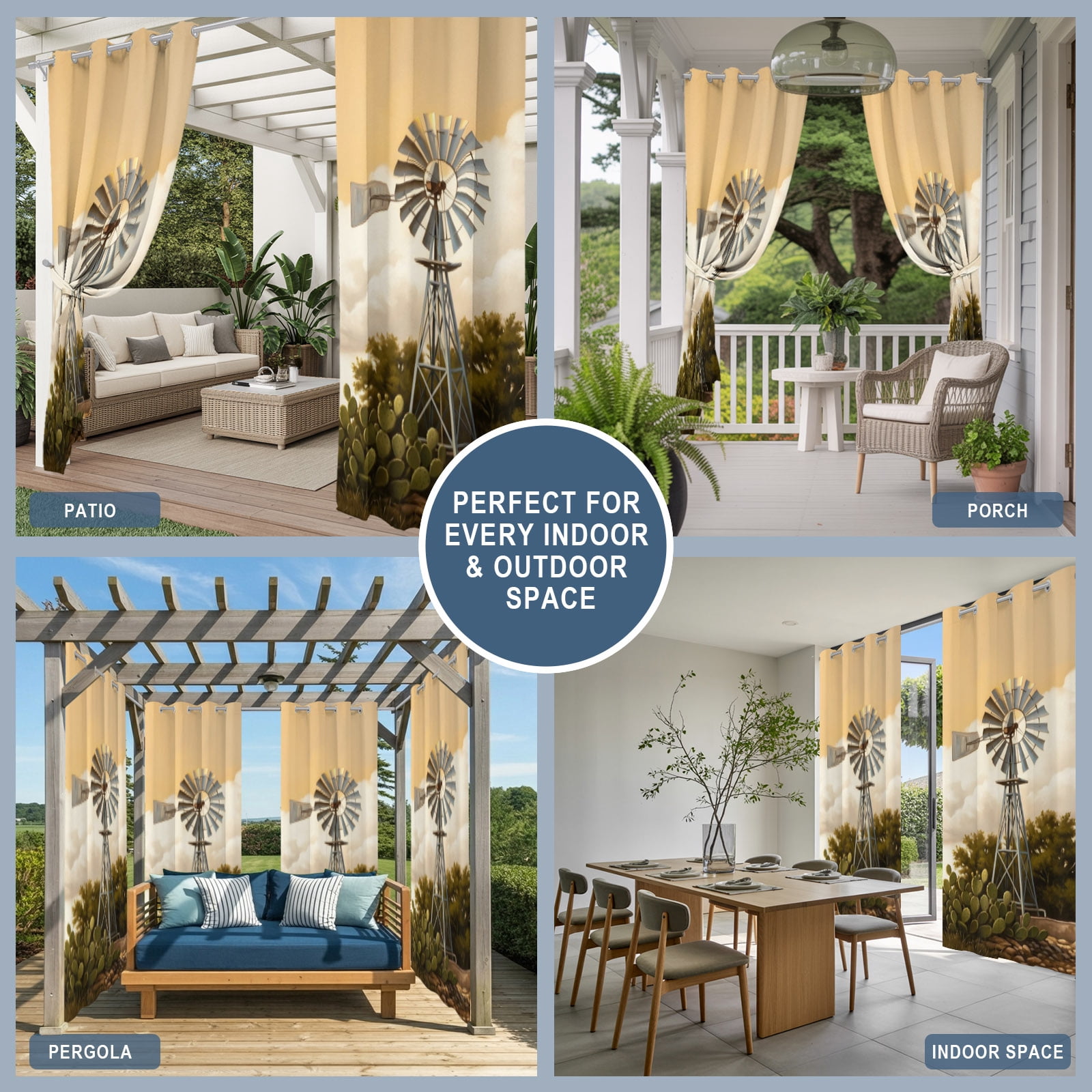 Windmill Outdoor Curtains for Patio, Windmill Farmhouse Sunset Field Trees Rustic Sunshade Privacy Drapes Grommet Waterproof Outside Curtains for Porch/Cabana/Balcony 54"x 108", 1 Panel