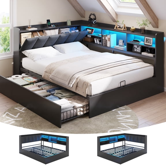 Corner Bed Frame Full Size with Storage Bookcase, 3 Drawers, LED Lights & Charging Station, Full Platform Bed Frame with Upholstered Headboard and Open Shelf, Metal Corner Daybeds for Teens, Black