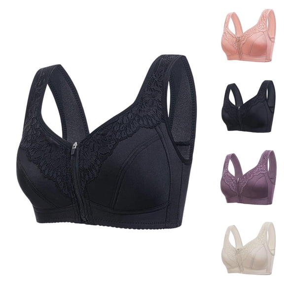 Bras for Older Women Front Zipper Closure Wide Strap Wireless Soft Cup Plus Size Bralettes Everyday Bra