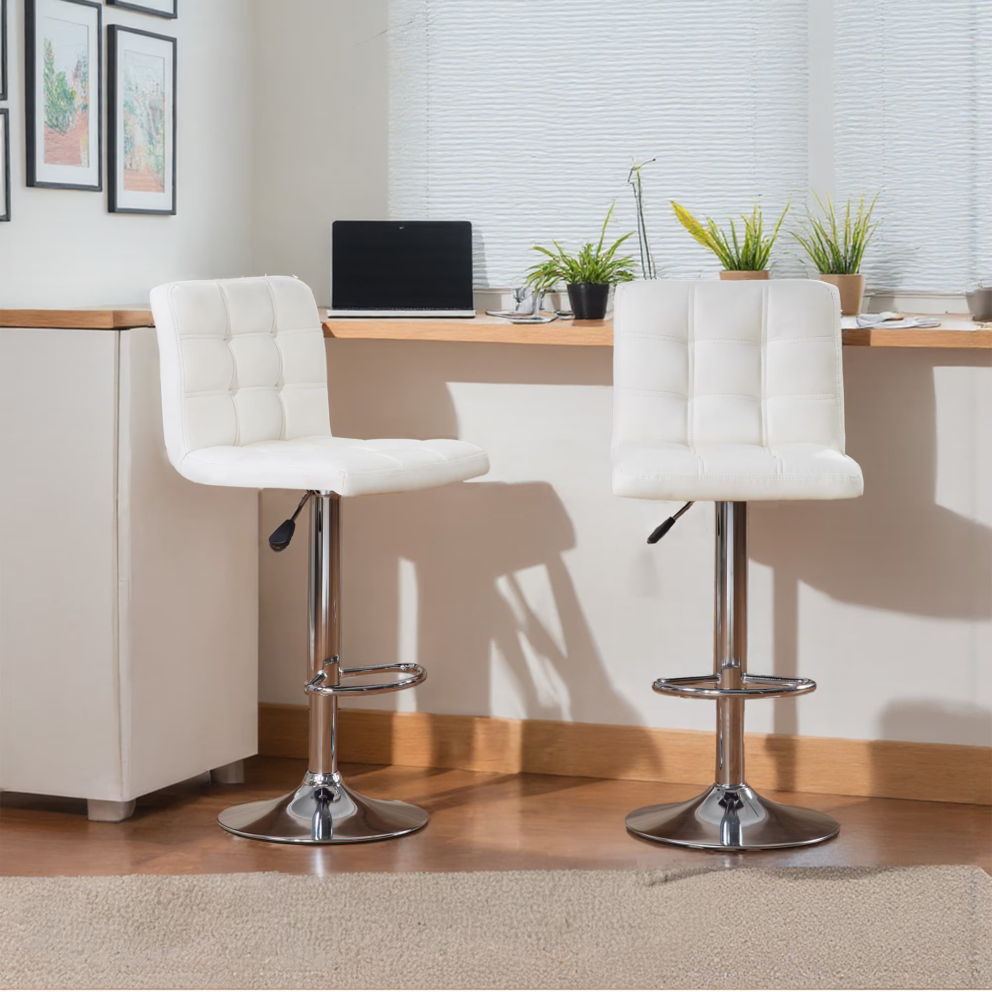 Aukfa Bar Stools Set of 2, Counter Height Adjustable PU Leather Swivel Bar Chairs with Back and Footrest for Kitchen and Dining Room, Beige
