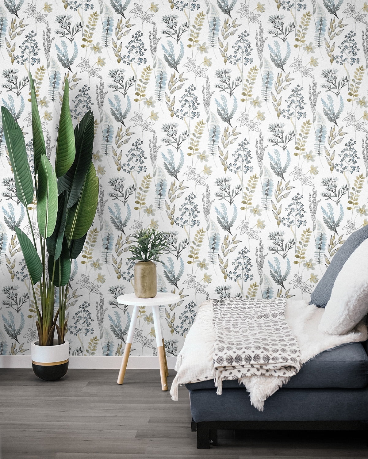 NextWall  Wild Garden Peel and Stick Wallpaper 20.5 in. W x 18 ft. L - Glacier Blue & Matte Brass