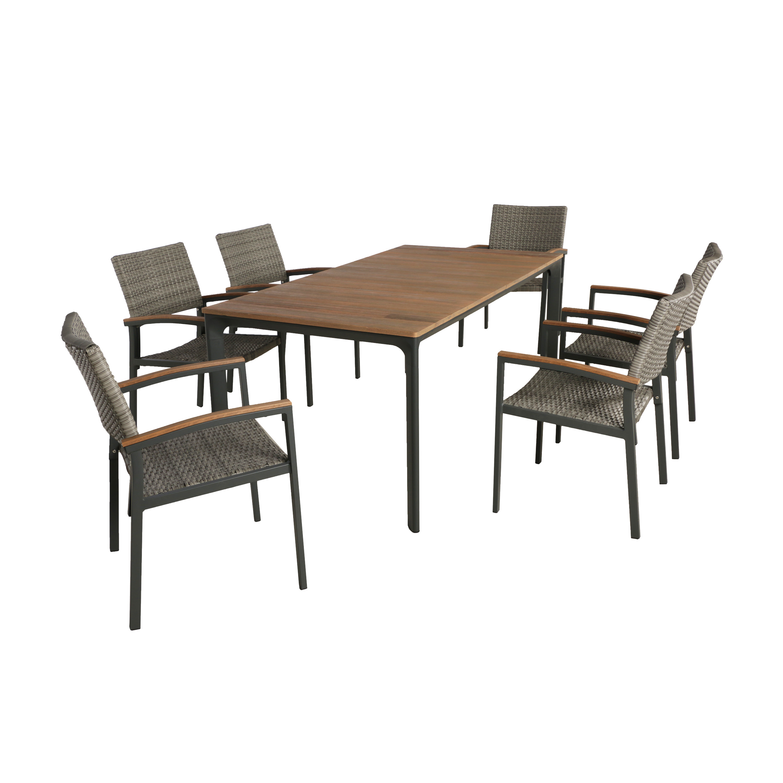 GDF Studio Huxley Outdoor Aluminum 7 Piece Dining Set with Wood Tabletop, Gray Wicker and