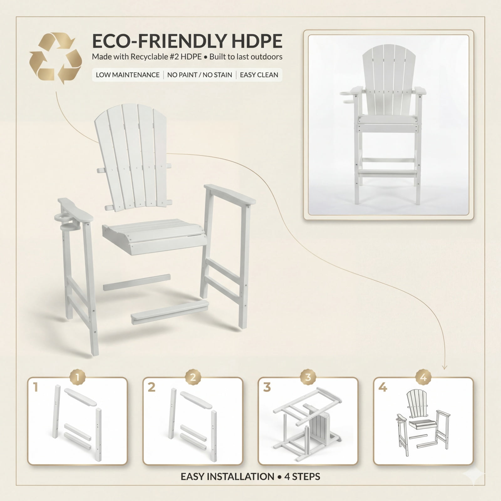 Bar Height Adirondack Chair with Cup Holder, Outdoor Patio HDPE Bar Chair with Armrests, Ergonomic High Back Chair for Deck, Porch, Backyard