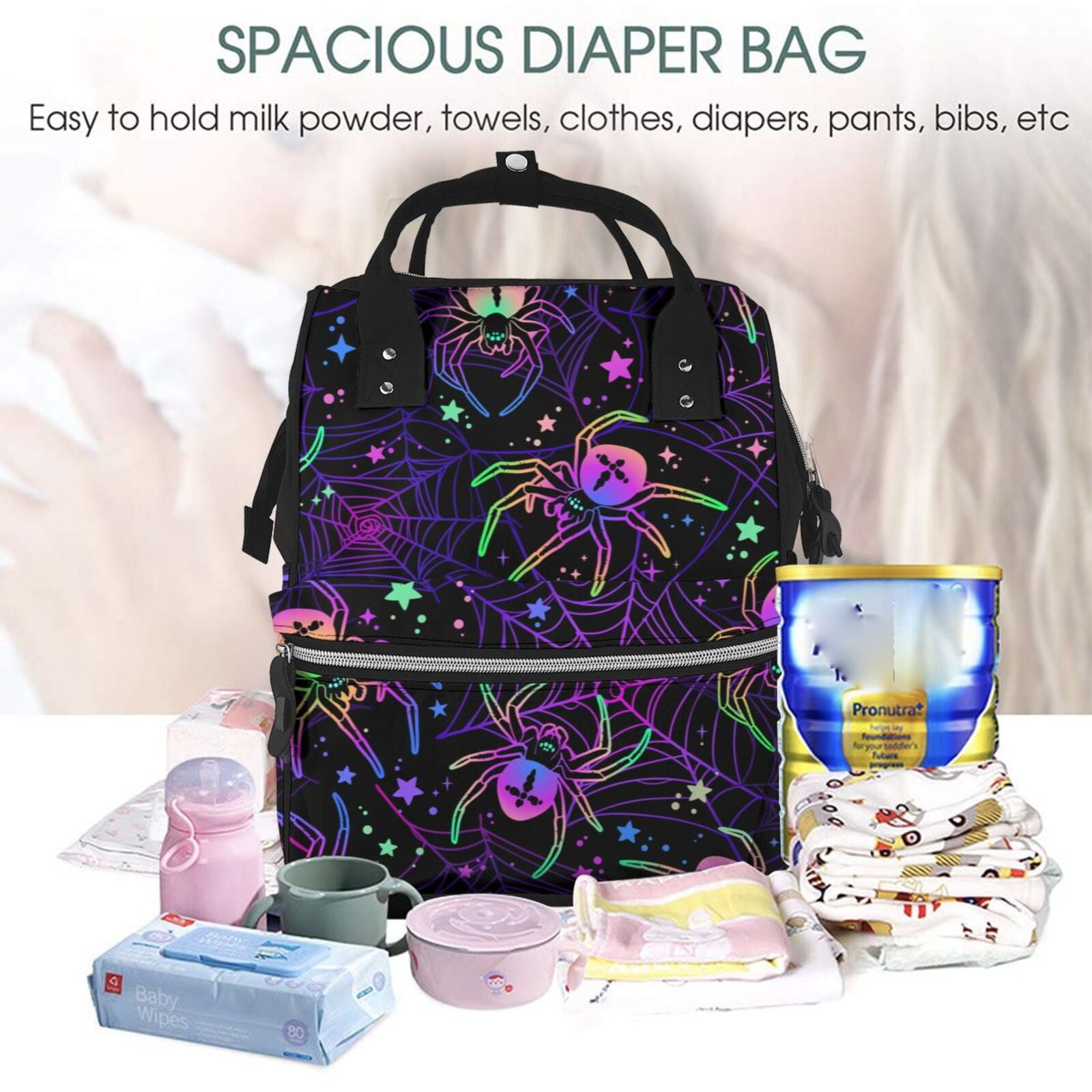 Xecao Multi-colored Spiders print Large Capacity Nappy Bag is a multi-functional waterproof travel backpack, perfect as a nursing bag or mummy backpack for women