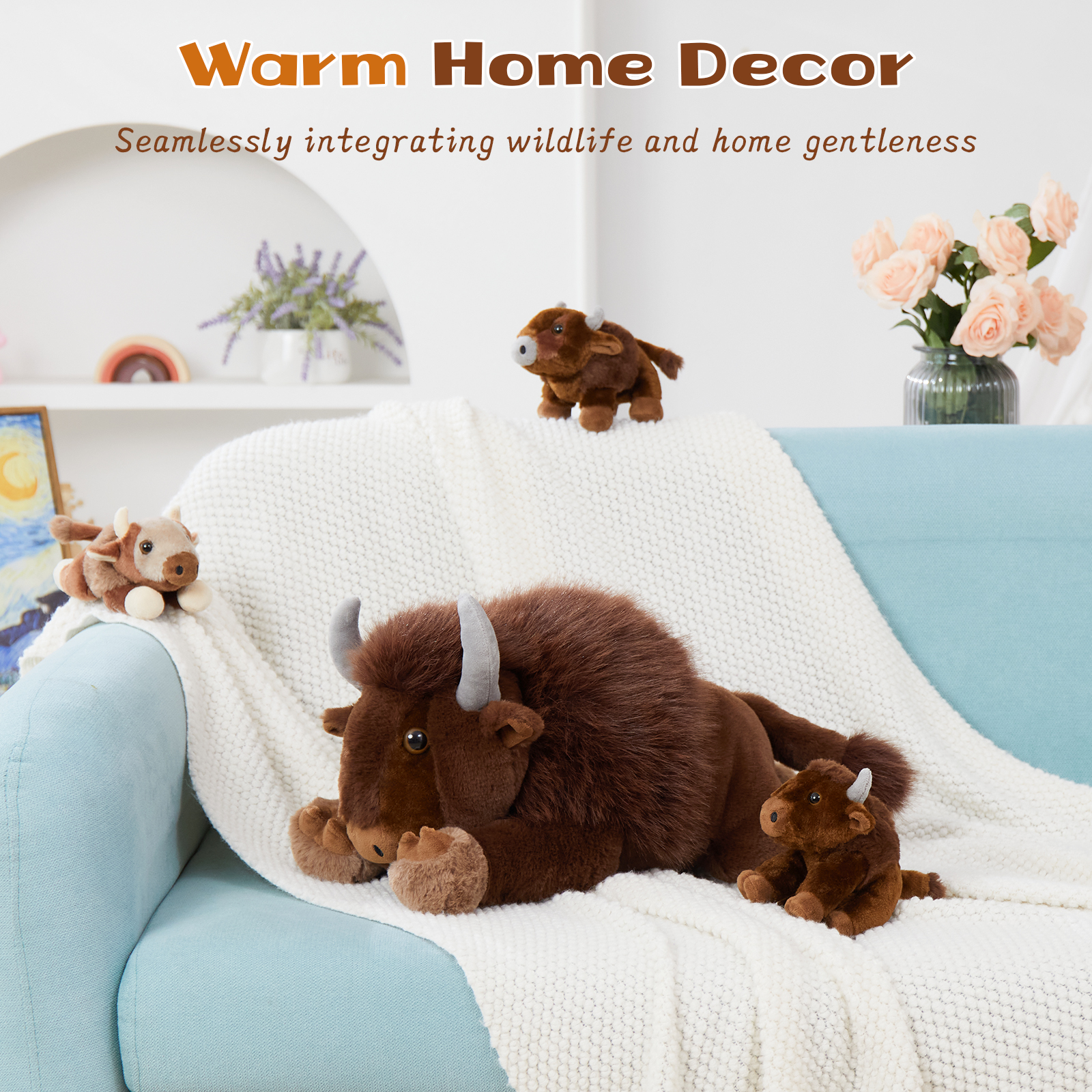 MaoGoLan 4Pcs Bison Stuffed Animal 18inch Bison Mommy Stuffed Animal with 3 Baby Plush Toy Stuffed Cow Toys