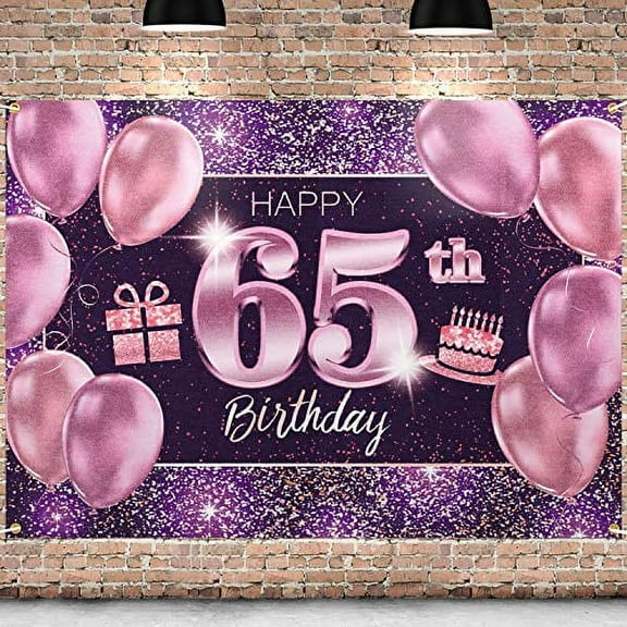 PAKBOOM Happy 65th Birthday Banner Backdrop - 65 Birthday Party Decorations Supplies for Women - Pink Purple Gold 4 x 6ft