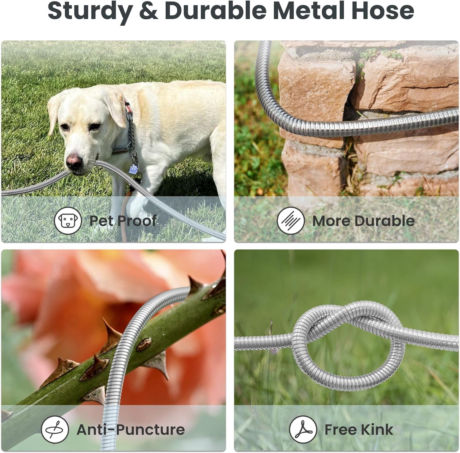 Garden Hose 50ft x 5/8", 304 Stainless Steel Metal Water Hose, No Kink Garden Water Hose with 9 Pattern Spray Nozzle, Flexible, Lightweight, Kink Free Hose for Yard, Outdoor