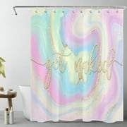 Modern Abstract Marble Shower Curtain for Bathroom, Blue and Gold Marble Textured Funny Quotes Get Naked Fabric Shower Curtain with Hooks, Colorful Pastel Bathroom Curtains Shower Set, 60x72 inches