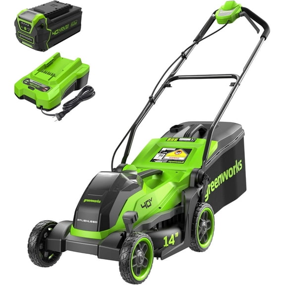 Greenworks 40V 14” Brushless (Push) Cordless Lawn Mower, 4.0Ah Battery and Charger