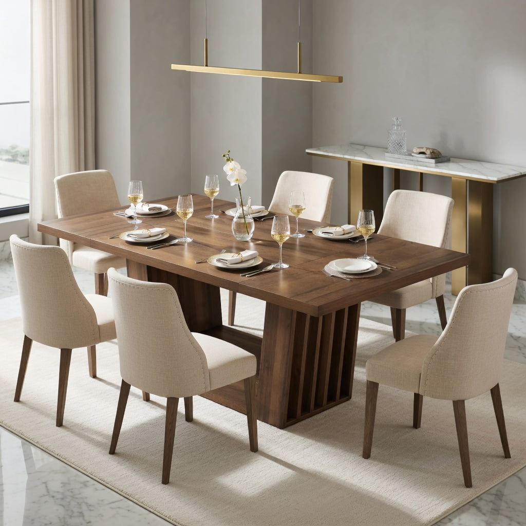 Hommoo 63 Inch Farmhouse Dining Table for 4-6 People, Solid MDF Rectangular Kitchen Table with Stylish Trapezoidal Base, Dark Brown