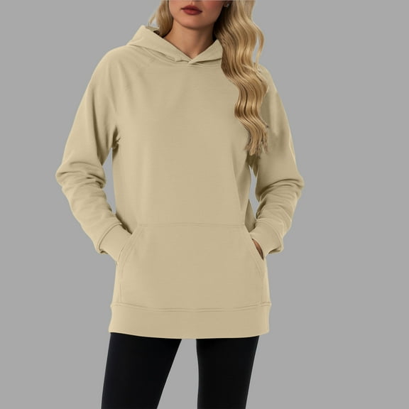 HOMBOM Womens Khaki Tunic Sweatshirts Casual Pullover Plain Hooded with Pocket Tops for Women