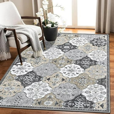 Rugs for Bedroom - 4x6 Area Rug Washable Rugs Non Slip Oriental Rug, Low Pile Throw Rug for Living Room Distressed Vintage Large Carpet for Dining Room Office (Grey, 4x6ft)