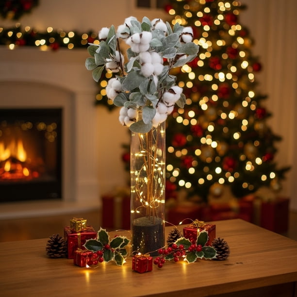 Flores Artificiales de Semillas de Algodón Secas para Decoración de Sala de Estar | Ramas de Plástico Blanco, 12 Unidades, 62 X 6 Cm